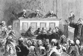 Andrew Hamilton (standing, arm extended) defends New York printer and journalist John Peter Zenger in his 1735 political trial on charges of seditious libel. LIBRARY OF CONGRESS