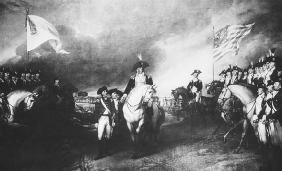 Following the defeat of British forces at Yorktown, Virginia, on October 10, 1781, General Charles Cornwallis surrenders to General George Washington, marking the end of major military actions in the War of Independence. NATIONAL ARCHIVES AND RECORDS ADMINISTRATION