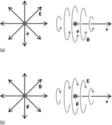 Electric (E) and magnetic (B) field lines generated by monopoles and by their motion with velocity v 