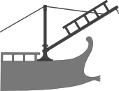 A diagram showing the location and usage of a corvus on a Roman galley.