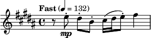  \relative c'' { \clef treble \key b \major \time 4/4 \tempo "Fast" 4 = 132 r8 e-.\mp dis-.[ b-.] cis16( dis e8-.) fis4 } 