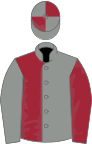 Grey and maroon (halved), sleeves reversed, quartered cap