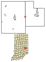 Location of Glenwood in Fayette County and Rush County, Indiana.