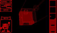 The bottom left corner of the screenshot shows a block with a face and limbs, and the gameplay field is displayed in a combination of solid graphics and wire-frames, the latter which represents blocks still falling. On the right side, a two-dimensional view of the gameplay is shown.