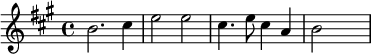 {\set Staff.midiInstrument = #"celesta" \key a \major \time 4/4 b'2. cis''4 e''2 e''2 | cis''4. e''8 cis''4 a'4 b'2 s}