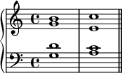  \new PianoStaff << \new Staff << \new Voice \relative c'' { \stemUp \clef treble \key c \major \time 4/4 b1 c } \new Voice \relative c'' { \stemDown g1 e } >> \new Staff << \new Voice \relative c' { \stemUp \clef bass \key c \major \time 4/4 d1 c } \new Voice \relative c' { \stemDown g1 a \bar "||" } >> >> 