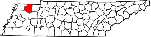 Map of Tennessee highlighting Weakley County