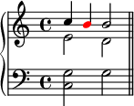  \new PianoStaff << \new Staff << \new Voice \relative c'' { \stemUp \clef treble \key c \major \time 4/4 c4 \once \override NoteHead.color = #red b b2 } \new Voice \relative c' { \stemDown e2 d } >> \new Staff << \new Voice \relative c { \clef bass \key c \major \time 4/4 <c g'>2 g' \bar "||" } >> >> 