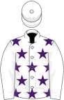 White, purple stars, white sleeves and cap