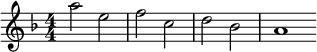  \relative c'' { \clef treble \numericTimeSignature \time 4/4 \key d \minor \bar "|:" a'2 e | f c | d bes | a1 \bar ":|" } 