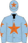 Light blue, orange star, light blue sleeves, orange stars, light blue cap, orange star
