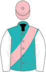 Green, pink sash and cap, white sleeves