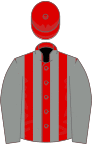 Red and grey stripes, grey sleeves, red cap