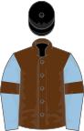 Brown, light blue sleeves, brown armlets, black cap
