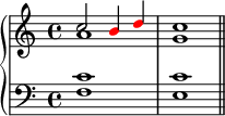  \new PianoStaff << \new Staff << \new Voice \relative c'' { \clef treble \key c \major \time 4/4 \voiceOne c2 \override NoteHead.color = #red b4 d \override NoteHead.color = #black c1 } \new Voice \relative c'' { \voiceTwo a1 g } >> \new Staff << \relative c { \clef bass \key c \major \time 4/4 <f c'>1 <e c'> \bar "||" } >> >> 