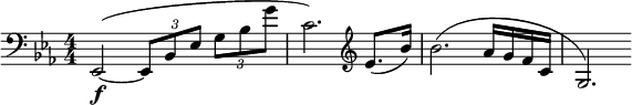 \relative c { \clef bass \numericTimeSignature \time 4/4 \key ees \major ees,2\f(~ \times 2/3 { ees8 bes' ees } \times 2/3 { g bes g' } | c,2.) \clef treble ees8.( bes'16) | bes2.( aes16 g f c | g2.) }