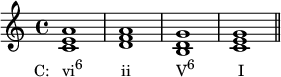 { \relative c' { \clef treble \time 4/4 <c e a>1_\markup { \concat { \translate #'(-4 . 0) { "C: vi" \raise #1 \small "6" \hspace #5.5 "ii" \hspace #6.5 "V" \raise #1 \small "6" \hspace #6.2 "I" } } } <d f a> <b d g> <c e g> \bar "||" } }