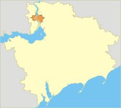Zaporizhzhia Oblast (yellow) with the City of Zaporizhzhia (orange).