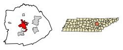 Location of Crossville in Cumberland County, Tennessee.