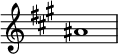  { \override Score.TimeSignature #'stencil = ##f \relative c'' { \clef treble \key a \major \time 4/4 \hide Staff.TimeSignature ais1 } } 