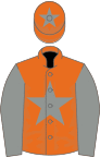 Orange, grey star, sleeves and star on cap