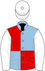 Light blue and red (quartered), white sleeves, white cap
