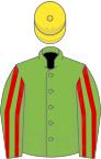 Light green, red striped sleeves, yellow cap