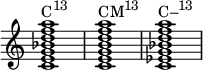 { \override Score.TimeSignature #'stencil = ##f \relative c' { \clef treble \time 4/4 \key c \major <c e g bes d f a>1^\markup { \concat { "C" \raise #1 \small "13" } } <c e g b d f a>^\markup { \concat { "CM" \raise #1 \small "13" } } <c ees g bes d f a>^\markup { \concat { "C–" \raise #1 \small "13" } } } }