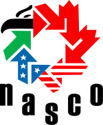"NASCO project logo depicting the three associated countries' flag iconography as a singular element."