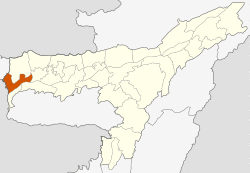 Dhubri district's location in Assam