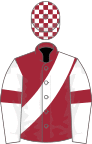 Maroon, white sash, white sleeves, maroon armlets, checked cap