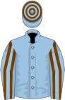 Light blue, chocolate striped sleeves, hooped cap