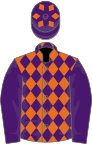 Orange and purple diamonds, purple sleeves, purple cap, orange diamonds