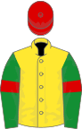Yellow, green sleeves, red armlets and cap