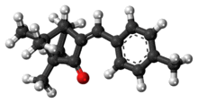 Ball-and-stick model of the 4-methylbenzylidene camphor molecule