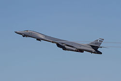 A Rockwell B-1B Lancer gets airborne at the Dyess AFB Air Show in 2015.