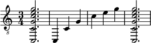  { \clef "treble_8" \time 3/4 <c, c g c' e' g'>2. <c, >4 <c >4 <g >4 <c' >4 <e' >4 <g' >4 <c, c g c' e' g'>2. } 