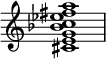 { \override Score.TimeSignature #'stencil = ##f \relative c' { \clef treble \key c \major <cis e g bes c es fis a>1 } } 