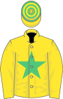 Yellow, emerald green star, hooped cap