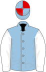 Light blue, white sleeves, light blue and red quartered cap
