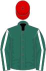 Forest green, white seams and cuffs on sleeves, horseshoe and white doves on back, red cap