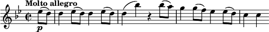  \relative c'' { \key g \minor \tempo "Molto allegro" \time 2/2 \set Staff.midiInstrument = #"violin" \set Score.tempoHideNote = ##t \tempo 2 = 105 \partial 4 es8(\p d) | d4 es8( d) d4 es8( d) | d4( bes') r bes8( a) | g4 g8( f) es4 es8( d) | c4 c } 