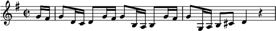  \relative c'' { \set Staff.midiInstrument = #"violin" \clef treble \time 2/2 \key g \major \set Score.tempoHideNote = ##t \tempo 4 = 96 \partial8 g16 fis 16 g8[ d16 c] d8[ g16 fis] g8[ b,16 a] b8[ g'16 fis] g8[ g,16 a] b8[ cis] d4 r } 