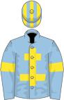 Soft blue, yellow cross of lorraine, soft blue sleeves, yellow armlets, yellow cap, soft blue striped