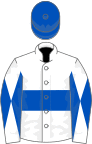 White, royal blue hoop, diabolo on sleeves, royal blue cap