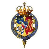 Garter encircled arms of Oscar II, King of Sweden and Norway.png