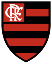 An escutcheon with horizontal red and black stripes, with a monogram of the letters CRF in its upper-left part