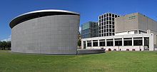 A photograph of a modernist building