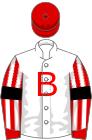 White, red old english 'b', cuffs, cap and striped sleeves, black armlets