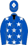 Royal blue, white stars, royal blue sleeves, quartered cap